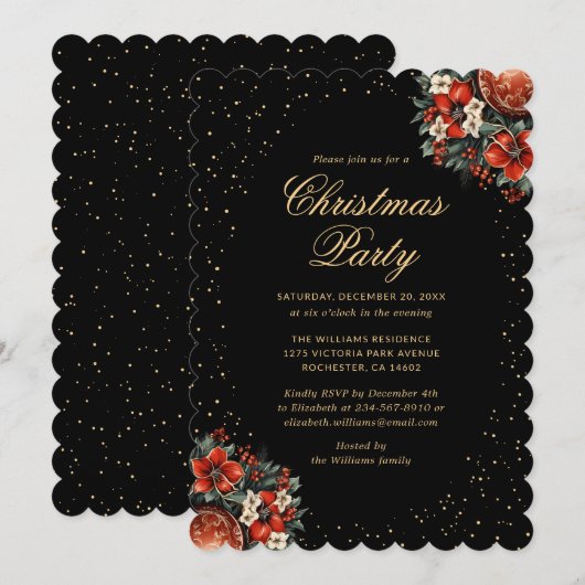 Elegant Black Gold Botanical Christmas Party 招待状 (正面/裏面)