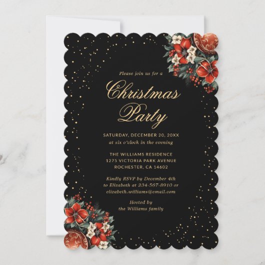Elegant Black Gold Botanical Christmas Party 招待状 (正面)