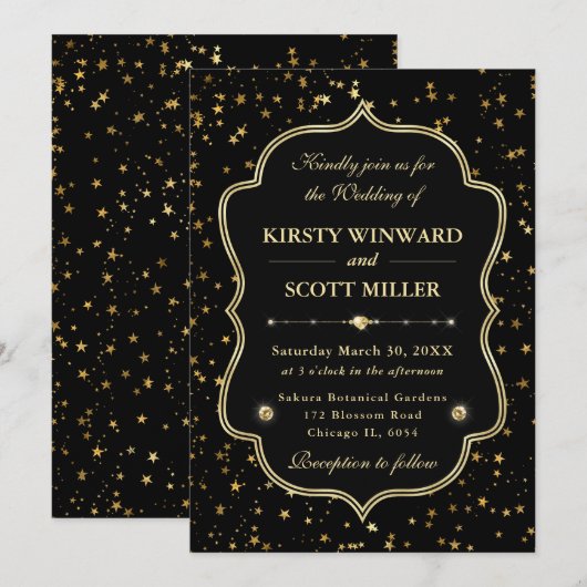 Elegant Black & Gold Celestial Starry Wedding 招待状 (正面/裏面)