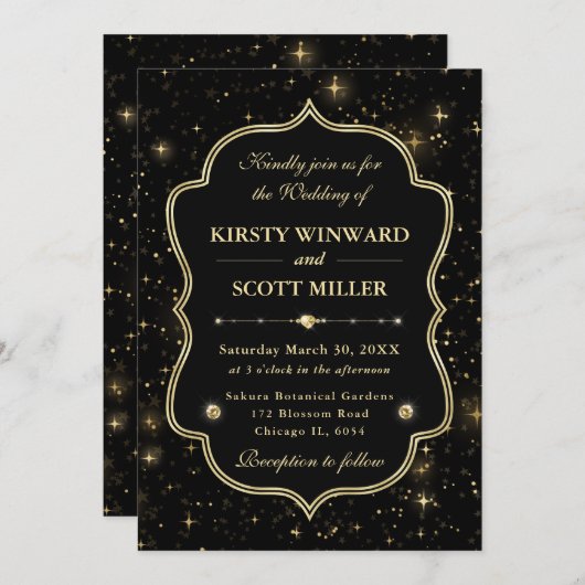 Elegant Black & Gold Celestial Starry Wedding 招待状 (正面/裏面)
