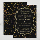Elegant Black & Gold Celestial Starry Wedding 招待状 (正面/裏面)