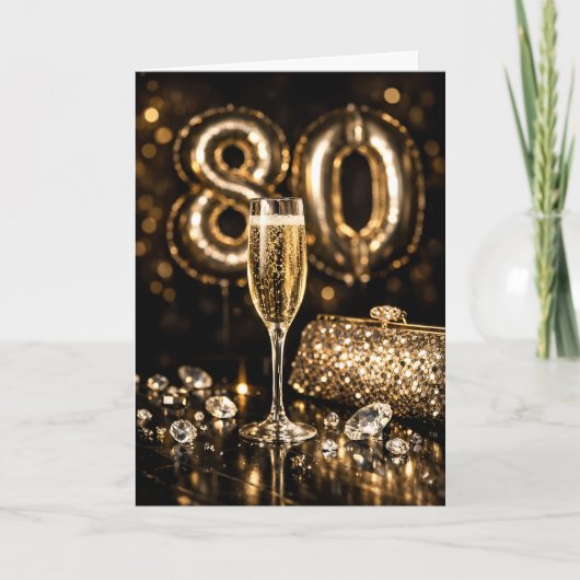 Elegant Black & Gold Champagne 80th Birthday カード (正面)