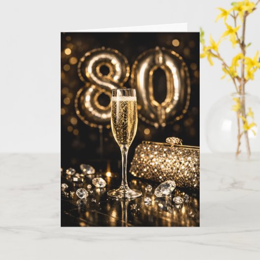 Elegant Black & Gold Champagne 80th Birthday カード (黄色い花)