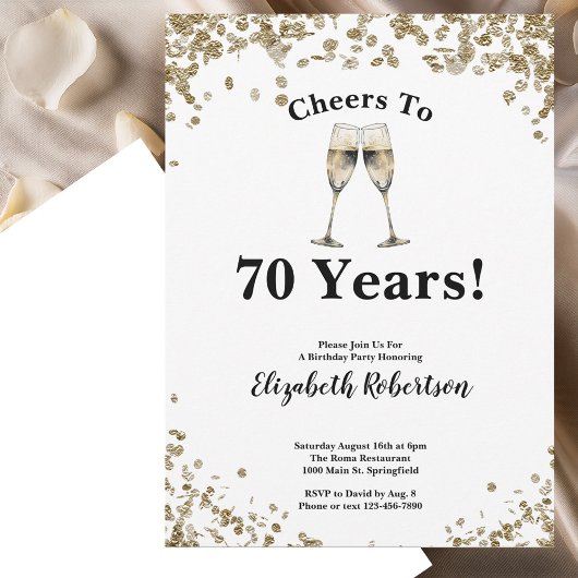 Elegant Black Gold Cheers to 70 Years Birthday 招待状