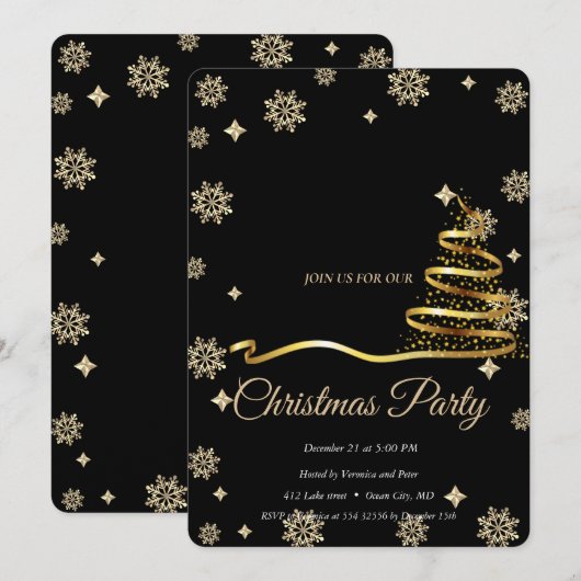 Elegant Black -Gold  Christmas Tree 招待状 (正面/裏面)