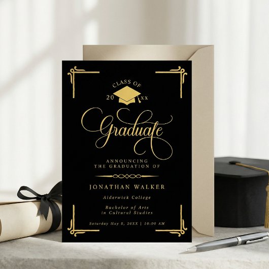 Elegant Black Gold College Graduation 案内状