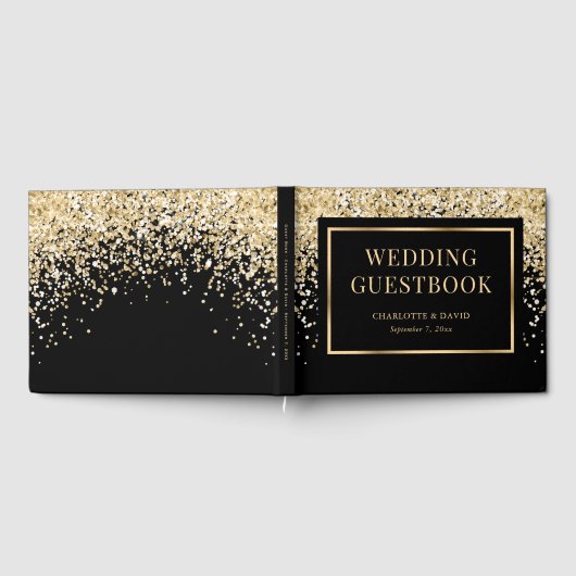 Elegant Black Gold Confetti Wedding ゲストブック (全面)