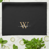 Elegant Black Gold Custom Monogram Script Name キッチンタオル (折り畳み)