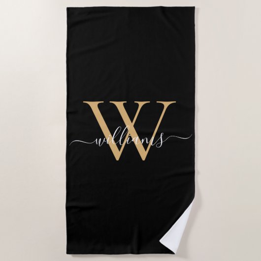 Elegant Black Gold Custom Monogram Script Name ビーチタオル (正面)
