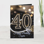 Elegant Black Gold Diamonds Pearls 40th Birthday カード (正面)