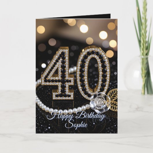 Elegant Black Gold Diamonds Pearls 40th Birthday カード (正面)