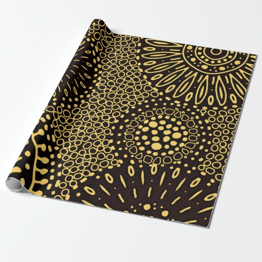 Elegant Black Gold Ethnic Floral Wrapping Paper ラッピングペーパー (アンロールド)