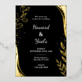 Elegant Black Gold Floral | Leaf Design Wedding  箔招待状 (正面)