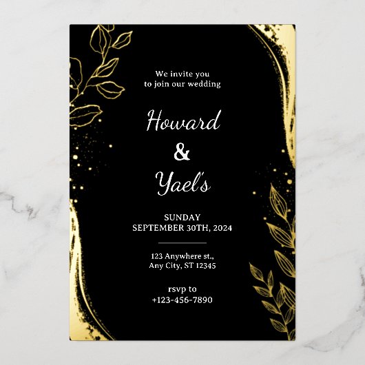 Elegant Black Gold Floral | Leaf Design Wedding  箔招待状 (正面)