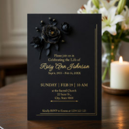 Elegant Black & Gold Floral Memorial Invitation  箔招待状