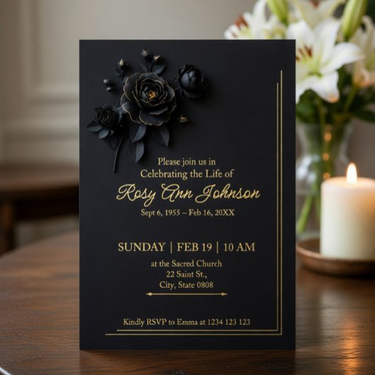 Elegant Black & Gold Floral Memorial Invitation  箔招待状