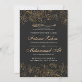 Elegant Black Gold Floral Muslim Wedding Nikah 招待状 (正面)