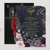 Elegant Black & Gold Floral Nursing Graduation Inv 招待状 (正面/裏面)