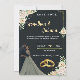 Elegant Black & Gold Floral Save the Date Wedding  招待状