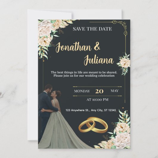 Elegant Black & Gold Floral Save the Date Wedding  招待状 (正面)