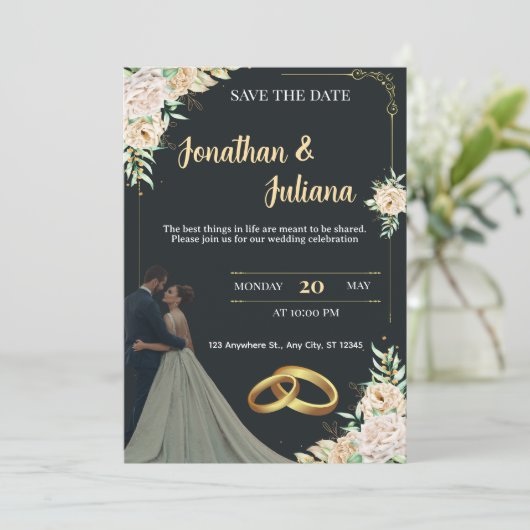 Elegant Black & Gold Floral Save the Date Wedding 招待状 (スタンド正面)