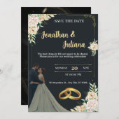 Elegant Black & Gold Floral Save the Date Wedding  招待状 (正面/裏面)