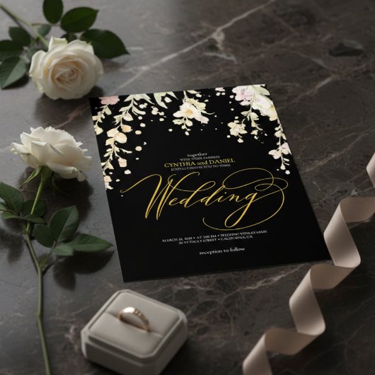 Elegant Black & Gold Floral Watercolor Wedding 招待状