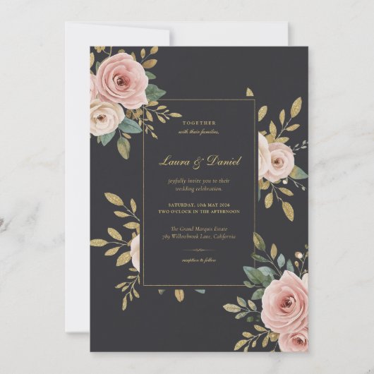 Elegant Black & Gold Floral Wedding Invitation 招待状 (正面)