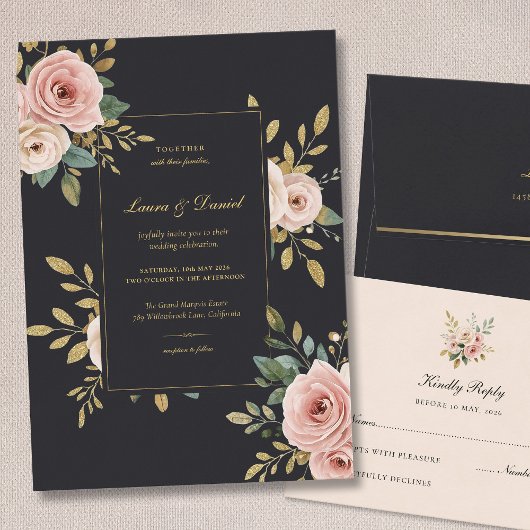 Elegant Black & Gold Floral Wedding Invitation 招待状