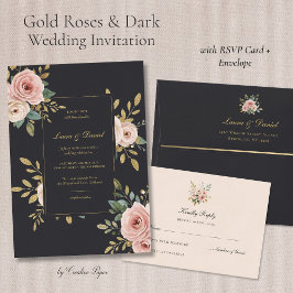 Elegant Black & Gold Floral Wedding Invitation 招待状