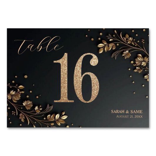 Elegant Black Gold Floral Wedding Table Card テーブルナンバー (正面)