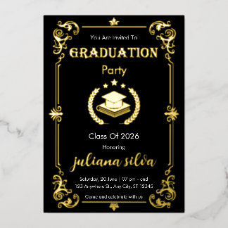 Elegant Black & Gold Foil Graduation Invitation 箔招待状