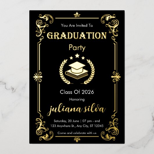 Elegant Black & Gold Foil Graduation Invitation 箔招待状 (正面)