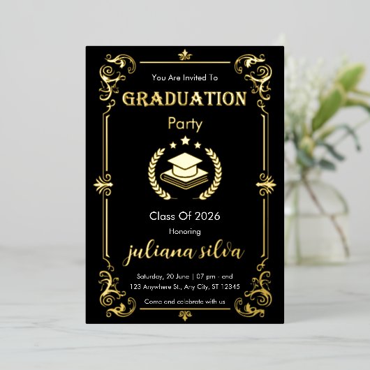 Elegant Black & Gold Foil Graduation Invitation 箔招待状 (立ち正面)