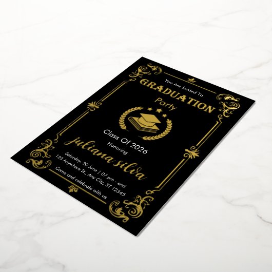 Elegant Black & Gold Foil Graduation Invitation 箔招待状 (回転した状態)