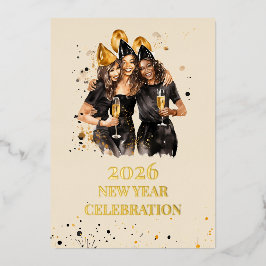 Elegant Black & Gold Foil New Year Invitation 箔シーズンカード