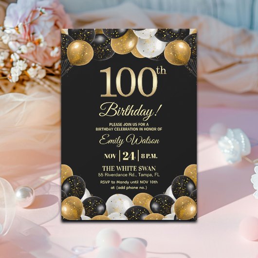Elegant Black Gold Glitter 100th Birthday  招待状