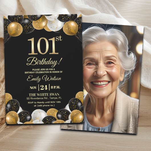 Elegant Black Gold Glitter 101st Birthday Photo 招待状