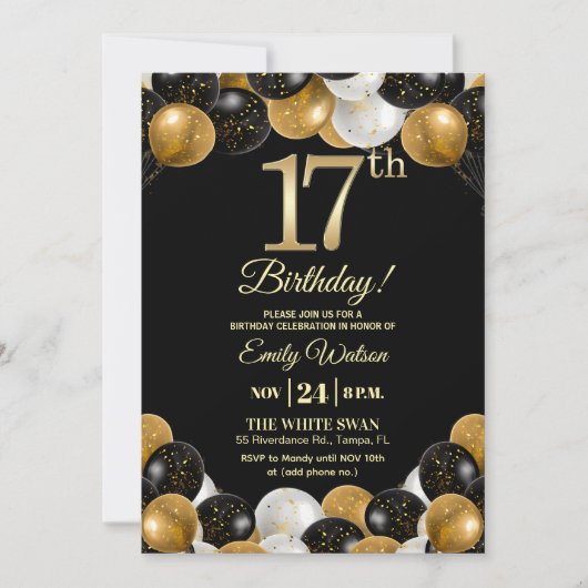 Elegant Black Gold Glitter 17th Birthday Party 招待状 (正面)