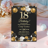 Elegant Black Gold Glitter 18th Birthday Party 招待状