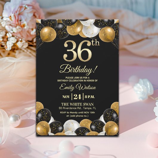 Elegant Black Gold Glitter 36th Birthday Party 招待状