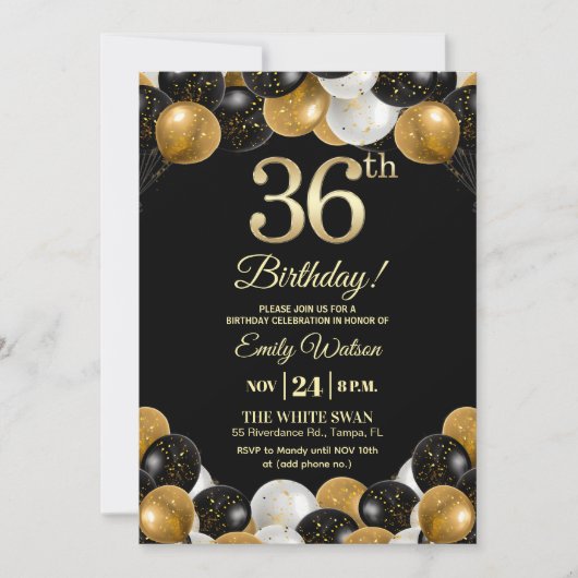 Elegant Black Gold Glitter 36th Birthday Party 招待状 (正面)