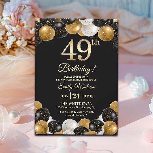 Elegant Black Gold Glitter 49th Birthday Party 招待状
