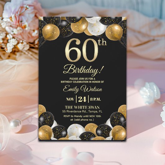 Elegant Black Gold Glitter 60th Birthday Party 招待状