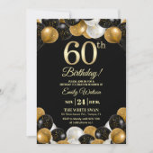 Elegant Black Gold Glitter 60th Birthday Party 招待状 (正面)