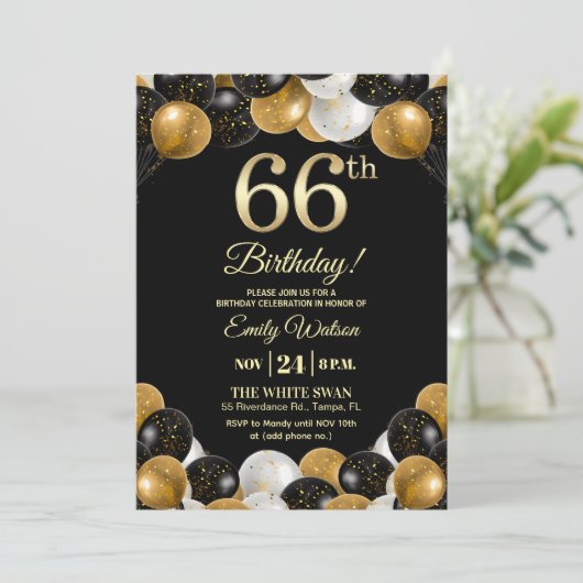 Elegant Black Gold Glitter 66th Birthday Party 招待状 (スタンド正面)