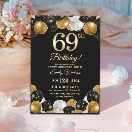 Elegant Black Gold Glitter 69th Birthday Party 招待状