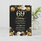 Elegant Black Gold Glitter 69th Birthday Photo 招待状 (スタンド正面)