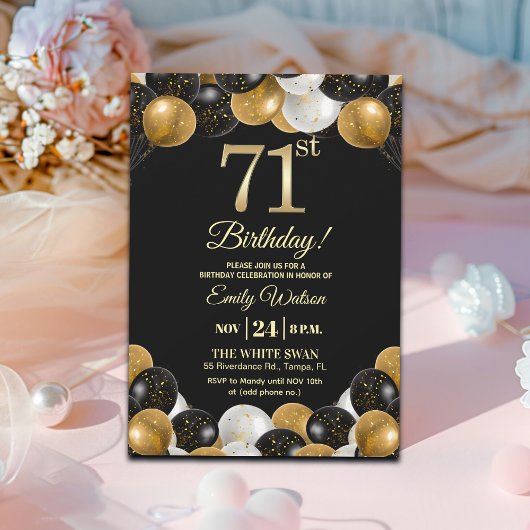 Elegant Black Gold Glitter 71st Birthday Party 招待状