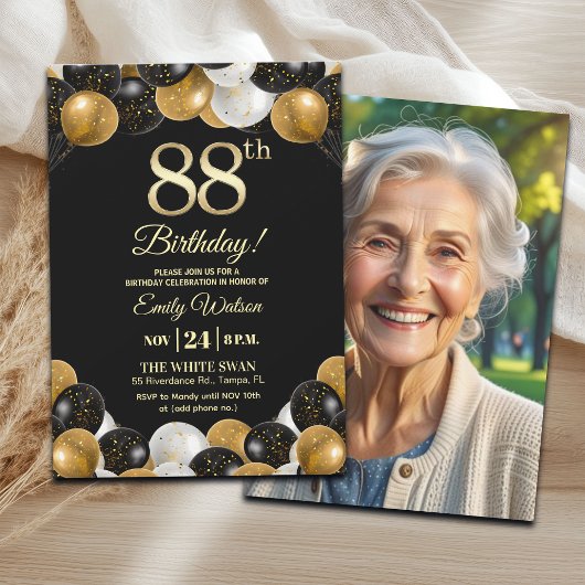 Elegant Black Gold Glitter 88th Birthday Photo 招待状
